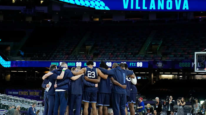 Villanova players huddle during practice for the men’s Final Four NCAA college basketball tournament, Friday, April 1, 2022, in New Orleans.